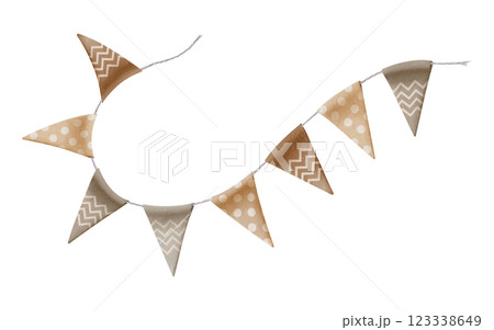 Wavy garland of triangular flags in earthy tones,featuring Scandinavian-style circles and zigzags,strung on twisted gray rope.Cozy,autumn watercolor for seasonal decor,invitations or festive designs 123338649