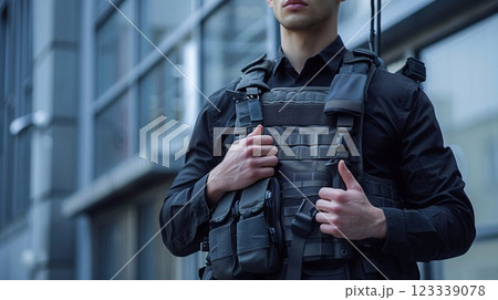 A person in a bulletproof vest stands in an urban environment, showcasing readiness and strength A person in a bulletproof vest stands in an urban environment, showcasing readiness and strength 123339078