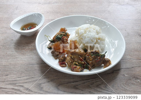 spicy stir fried slice braised beef meat and tendon with basil leaf and chili eat couple plain rice on plate spicy stir fried slice braised beef meat and tendon with basil leaf and chili eat couple plain rice on plate 123339099