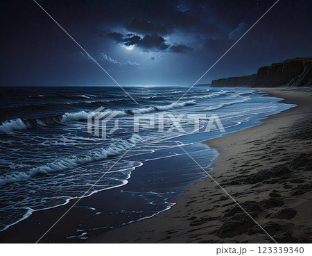 雲間の月あかりと夜の海岸 123339340