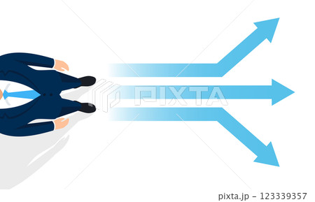 俯瞰で立つビジネスマンと、分岐する3つの矢印のフラットイラスト、ベクター 俯瞰で立つビジネスマンと、分岐する3つの矢印のフラットイラスト、ベクター 123339357