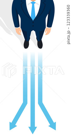 俯瞰で立つビジネスマンと、分岐する3つの矢印のフラットイラスト、ベクター 俯瞰で立つビジネスマンと、分岐する3つの矢印のフラットイラスト、ベクター 123339360