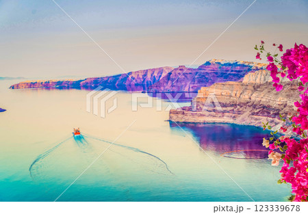 Pool and view of Santorini caldera 123339678