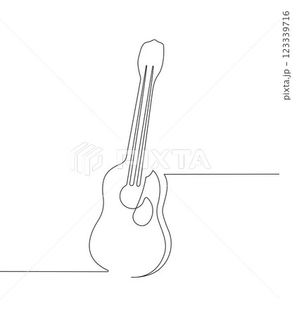 Minimalistic one continuous line drawing of a guitar with musical harmonics on a white background. 123339716