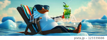 A penguin with sunglasses and a mojito in hand, relaxing on an ice floe deck chair in the North Sea, exuding a quirky and carefree tropical feel, perfect for playful advertisements, banner 123339886
