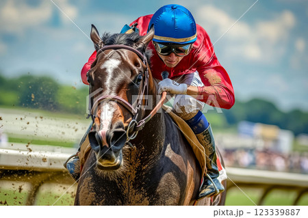 A focused jockey in full race gear, riding a powerful horse, captured in a close-up shot highlighting intense concentration, perfect for promoting horse racing 123339887