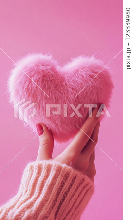 The scene features a gentle hand cradling a plush heart, illuminated by sunlight, with a wooden table backdrop creating a warm, loving mood 123339980