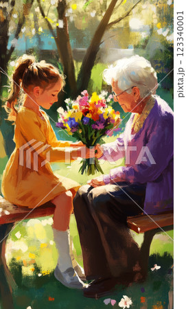 This heartfelt scene of a young girl gifting her grandmother flowers on March 8 captures a nostalgic, family-focused moment in a sunny park setting This heartfelt scene of a young girl gifting her grandmother flowers on March 8 captures a nostalgic, family-focused moment in a sunny park setting 123340001