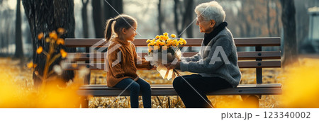 A young girl presents her grandmother with a bouquet of spring flowers on a sunny morning, creating a nostalgic and loving tribute to family on March 8, banner 123340002