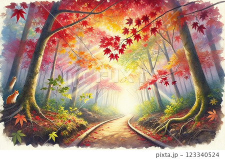 秋・紅葉の森・木漏れ日・小道 123340524