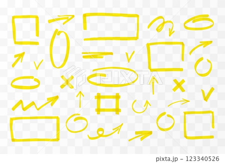 Vector set of marker arrows, squares, lines, rectangles, circles, yellow. 123340526