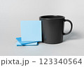 Coffee Cup Standing on Desk. Important infrormation written on paper. Different Office Supplies, Pencils, Pens, Marckers. Computer keyboard. Text on wood table. 123340564