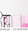 Office Supplies Over Desk With Keyboard And Glasses And Coffee Cup For Working Remotely, Assorted School Utilities 123340589