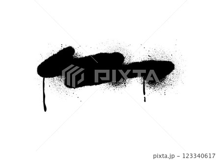 Black spray paint with ink splatters vector shape, vector abstract graffiti spraying textured stain with dripping effect 123340617