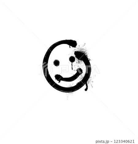 Black spray paint smiley emoticon, vector graffiti spraying lines cute smiling face with ink splatters and dripping 123340621