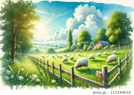 牧場風景・羊 123340658