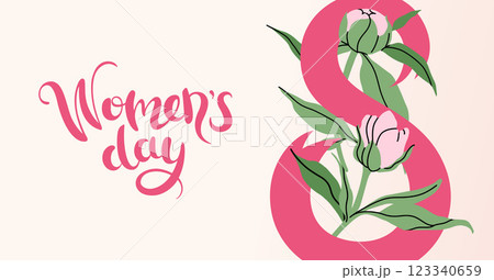 International Women's Day banner Card for March 8 decorating by delicate pink peonies. Trendy Invitation with spring plants, leaves and flowers. Simple floral background. Vector flat illustration. 123340659