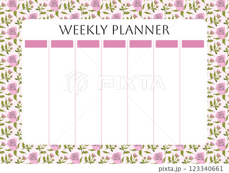 Weekly planner with trendy floral pattern. garden pink roses, spring flowers and leaves background for notes. Cute school planner is for 7 days. Kids schedule design template. Vector flat illustration Weekly planner with trendy floral pattern. garden pink roses, spring flowers and leaves background for notes. Cute school planner is for 7 days. Kids schedule design template. Vector flat illustration 123340661