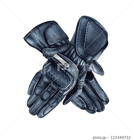 Pair of motorcycle gloves. Hand and finger protection. Moto wear, moto gear. Watercolor illustration isolated from the background. For motorbike store sign and web design clothing store. Road safety 123340732