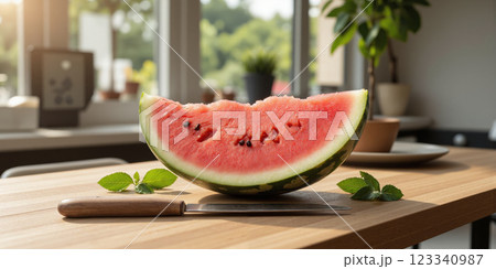 A freshly sliced watermelon, its bright pink flesh with dark seeds exposed, placed on a wooden table next 123340987