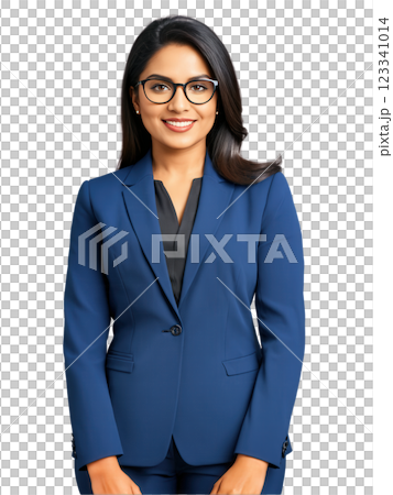 A confident South Asian woman with shoulder-length black hair, wearing glasses, a formal navy suit, and light blue blouse. Her 123341014