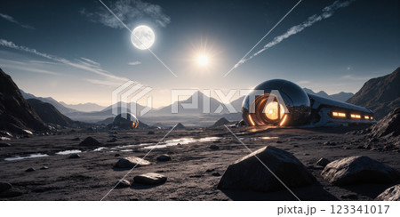 Futuristic Lunar Colony A futuristic colony on the moon, featuring glowing domed habitats connected by illuminated tunnels. The surface is dotted with solar 123341017