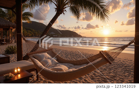 Sunset Hammock, Ocean Views, Tranquil Retreat A hammock swaying gently between two palm trees, overlooking a golden beach as the sun sets 123341019