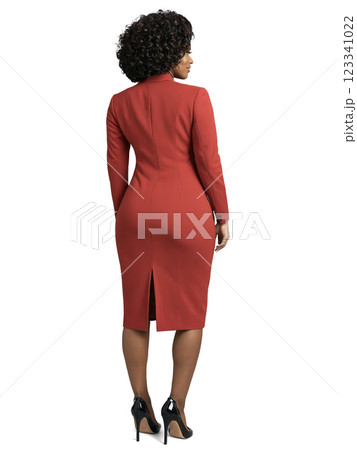 Loose curls in deep auburn, long length, worn by an African American woman aged 30-35 years old, styled voluminously, complemented by 123341022