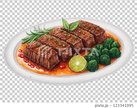 Beef Rendang - Spicy Beef Rendang with tender beef, rich brown gravy, and herbs, vibrant brown and green tones, isolated 123341095