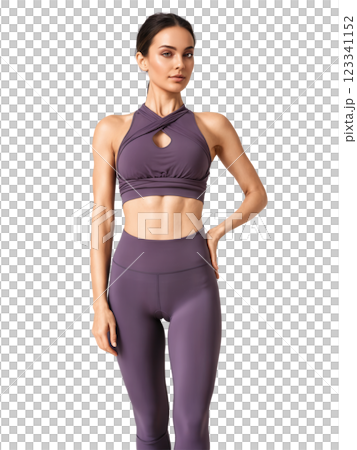 luxurious dark purple yoga top with a built-in bra and an open back design with a knot detail. The stretchy 123341152
