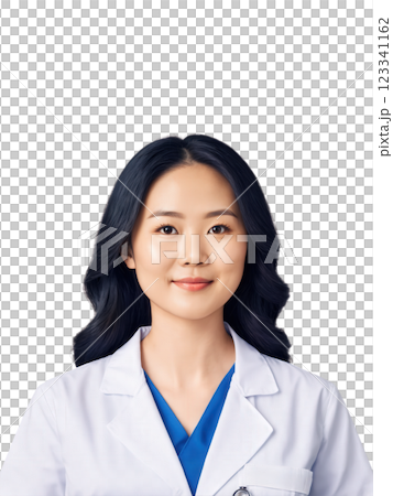 Asian woman aged 20-30 years old, wearing medical uniform, looking engaged without glasses, with wavy hair and gray hair. 123341162