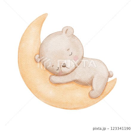 Watercolor cute bear sleeping on moon, watercolor hand draw illustration for kids, woodland animal, painted drawing with isolated background 123341190