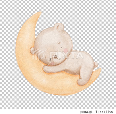Watercolor cute bear sleeping on moon, watercolor hand draw illustration for kids, woodland animal, painted drawing with isolated background 123341190