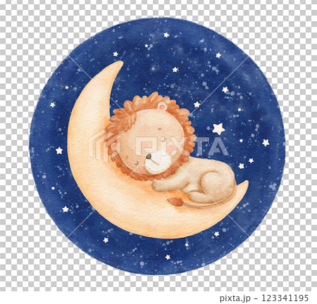 Watercolor baby lion sleeping on moon in dark night sky, hand draw illustration for kids, painted drawing with isolated background 123341195
