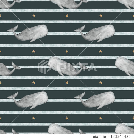 Pattern watercolor cachalot gray whale on blue stripes stars. Seamless print. Hand drawn illustrations sperm whale on dark background for design textiles, fabrics, packaging, clothes wallpapers cards 123341480