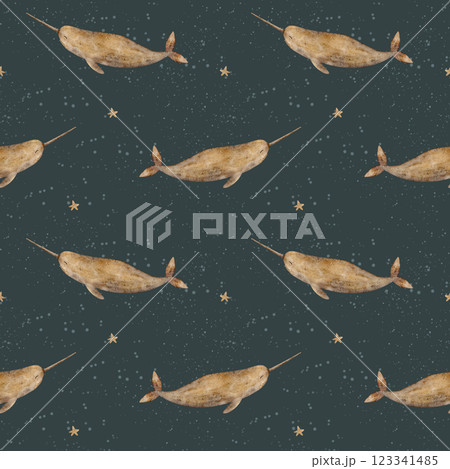 Seamless pattern narwhal whale beige in stars. Watercolor print of sea animal. Hand-drawn illustrations on dark, blue background for design of children's textiles, fabrics, packaging, clothes, 123341485