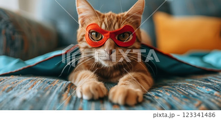 A superhero dog wearing a mask and cape, flying in the sky with a confident expression, capturing a whimsical and fun moment 123341486