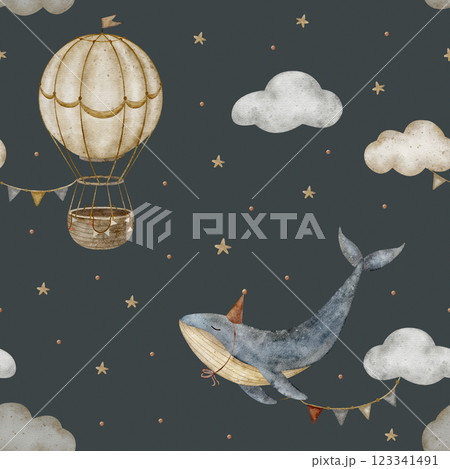 Seamless pattern vintage blue whale and hot air balloon in beige clouds. Watercolor print in pastel colors. Hand drawn illustrations on background design textiles fabrics packaging clothes wallpapers 123341491