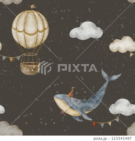 Seamless pattern vintage blue whale and hot air balloon in beige clouds. Watercolor print in pastel colors. Hand drawn illustrations on background design textiles fabrics packaging clothes wallpapers 123341497