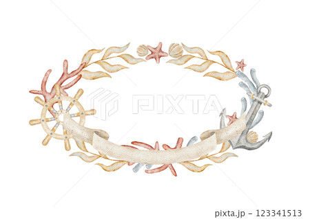 Watercolor frame anchor, steering wheel, coral, seaweed, seashells, starfish. Hand drawn illustration in pastel. Wreath template with text box for card design nautical party design posters invitations 123341513