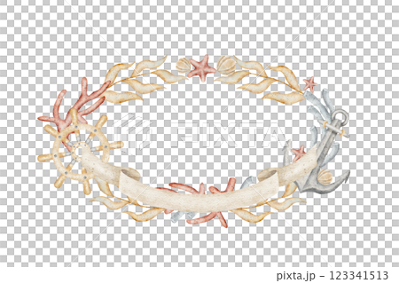 Watercolor frame anchor, steering wheel, coral, seaweed, seashells, starfish. Hand drawn illustration in pastel. Wreath template with text box for card design nautical party design posters invitations 123341513