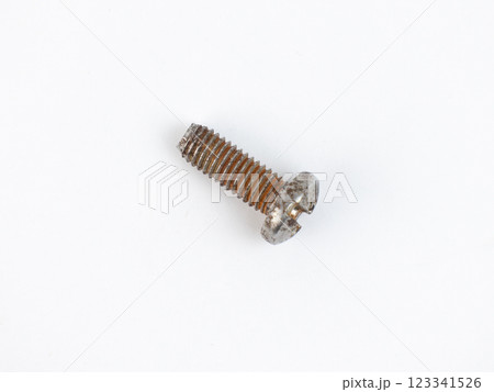 A rusty metal screw lies flat on a plain white surface A rusty metal screw lies flat on a plain white surface 123341526