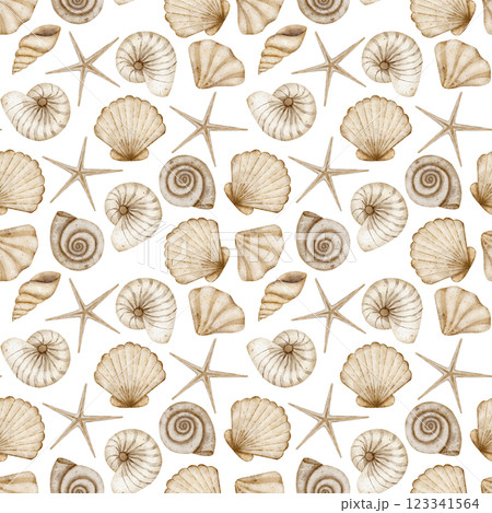 Watercolor pattern underwater beige seashells. Seamless marine pastel print. Hand drawn illustrations in vintage style starfish spiral scallop on background for textile design fabric clothes wallpaper Watercolor pattern underwater beige seashells. Seamless marine pastel print. Hand drawn illustrations in vintage style starfish spiral scallop on background for textile design fabric clothes wallpaper 123341564