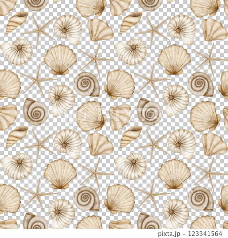 Watercolor pattern underwater beige seashells. Seamless marine pastel print. Hand drawn illustrations in vintage style starfish spiral scallop on background for textile design fabric clothes wallpaper Watercolor pattern underwater beige seashells. Seamless marine pastel print. Hand drawn illustrations in vintage style starfish spiral scallop on background for textile design fabric clothes wallpaper 123341564