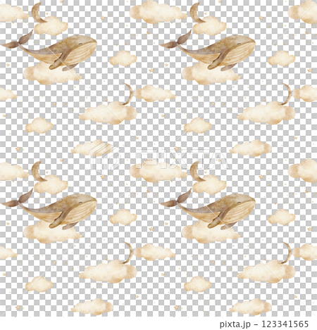 Watercolor pattern beige whale swims in clouds, moon, stars. Seamless monochrome pastel print. Hand drawn illustrations on white background for design of children's textiles fabrics clothes wallpapers Watercolor pattern beige whale swims in clouds, moon, stars. Seamless monochrome pastel print. Hand drawn illustrations on white background for design of children's textiles fabrics clothes wallpapers 123341565