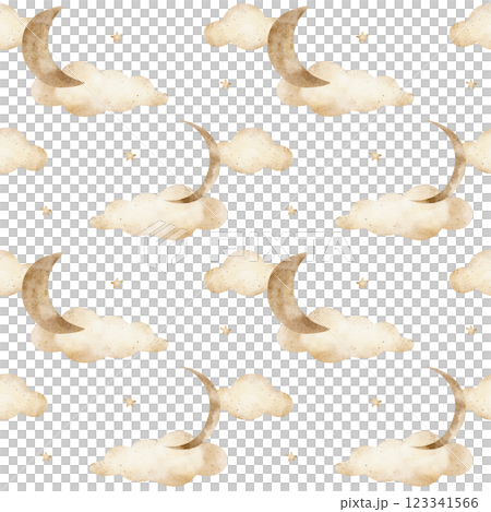 Moon in beige clouds stars in monochrome pattern seamless. Watercolor print children's vintage. Hand drawn illustrations in pastel color, isolated for textile design fabric packaging clothes wallpaper Moon in beige clouds stars in monochrome pattern seamless. Watercolor print children's vintage. Hand drawn illustrations in pastel color, isolated for textile design fabric packaging clothes wallpaper 123341566