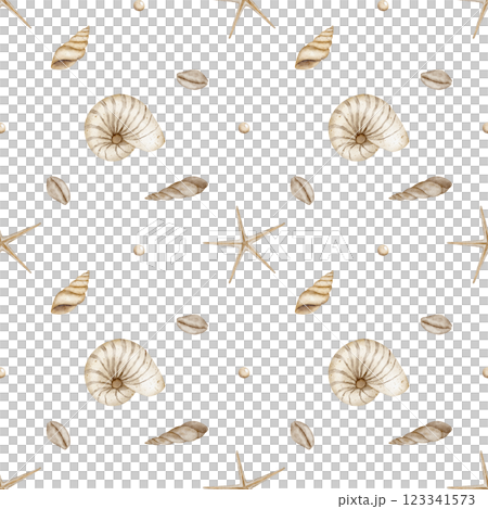 Beige seashells monochrome pattern seamless. Watercolor marine print vintage. Hand drawn illustrations starfish spiral in pastel colors isolated for textile design fabric packaging clothes wallpaper 123341573
