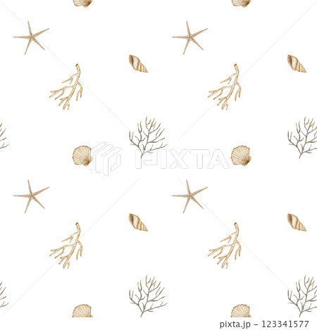 Watercolor pattern underwater beige seashells, corals. Seamless marine print. Hand drawn illustrations in vintage starfish, spiral, scallop white background for textile design fabric clothes wallpaper Watercolor pattern underwater beige seashells, corals. Seamless marine print. Hand drawn illustrations in vintage starfish, spiral, scallop white background for textile design fabric clothes wallpaper 123341577