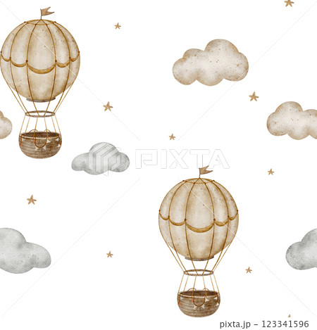 Pattern watercolor vintage hot air balloon in beige clouds. Seamless print in pastel colors. Hand drawn illustrations in cartoon style isolated for design textiles fabrics packaging clothes wallpapers Pattern watercolor vintage hot air balloon in beige clouds. Seamless print in pastel colors. Hand drawn illustrations in cartoon style isolated for design textiles fabrics packaging clothes wallpapers 123341596