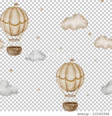 Pattern watercolor vintage hot air balloon in beige clouds. Seamless print in pastel colors. Hand drawn illustrations in cartoon style isolated for design textiles fabrics packaging clothes wallpapers Pattern watercolor vintage hot air balloon in beige clouds. Seamless print in pastel colors. Hand drawn illustrations in cartoon style isolated for design textiles fabrics packaging clothes wallpapers 123341596